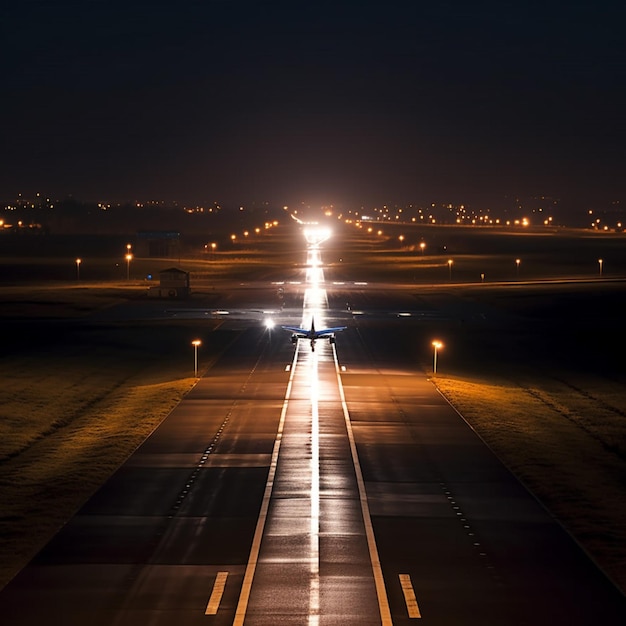 Une piste la nuit avec un feu sur la piste et un avion sur la piste.