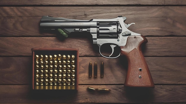 Pistol avec une boîte de munitions et de balles sur le mur en bois