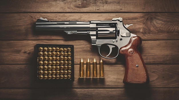 Pistol avec une boîte de munitions et de balles sur le mur en bois