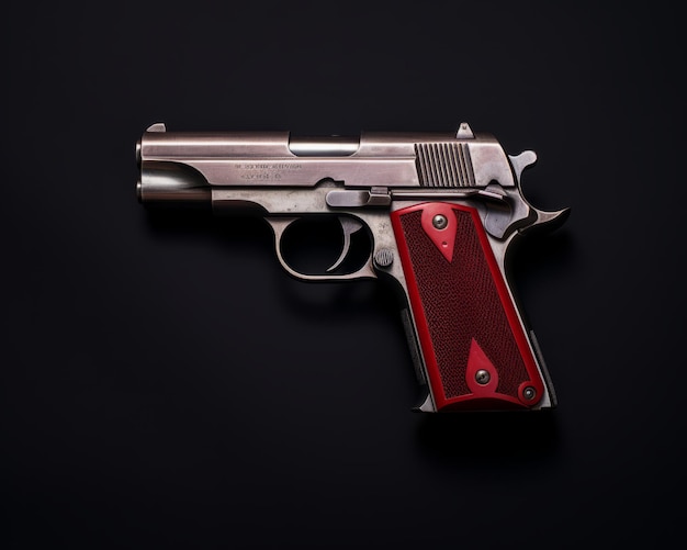 un pistolet argent et rouge sur fond noir