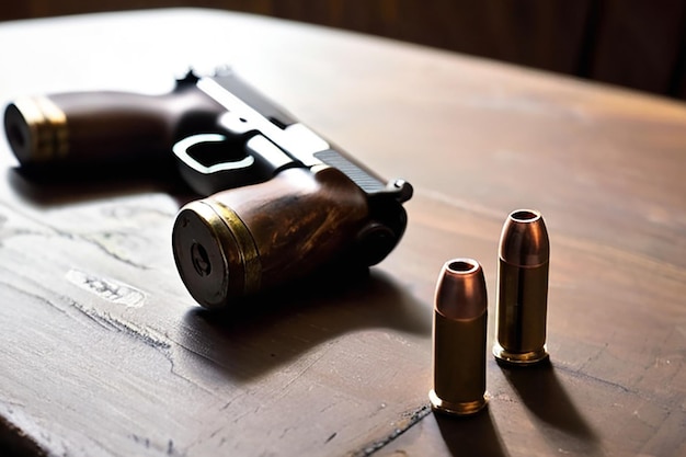 un pistolet assis sur une table avec des cartouches de balles