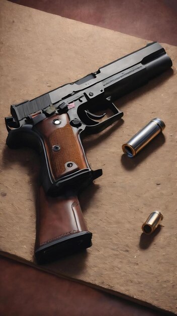 Le pistolet et le chargeur sont sur un cahier en cuir brun.