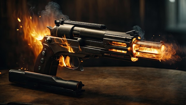 Photo un pistolet avec du feu qui en sort.