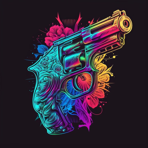 Un pistolet néon coloré avec une fleur sur la tête