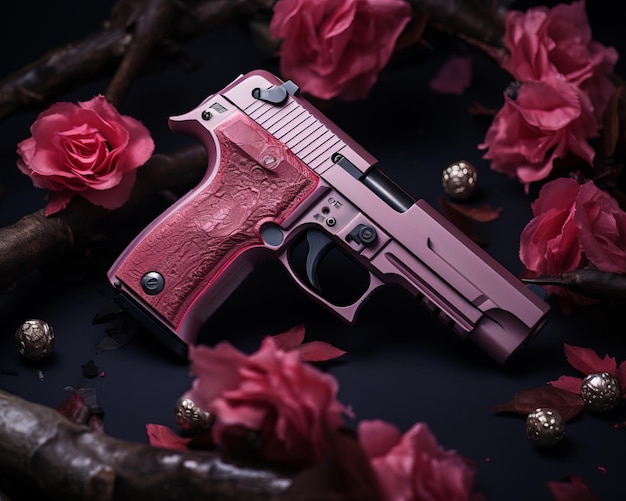 un pistolet rose posé sur des roses roses