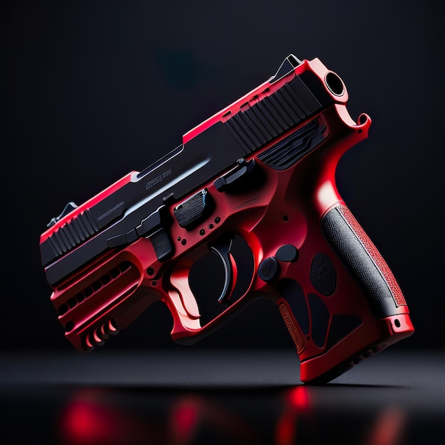 Photo pistolet rouge au design futuriste sur fond sombre ia générative