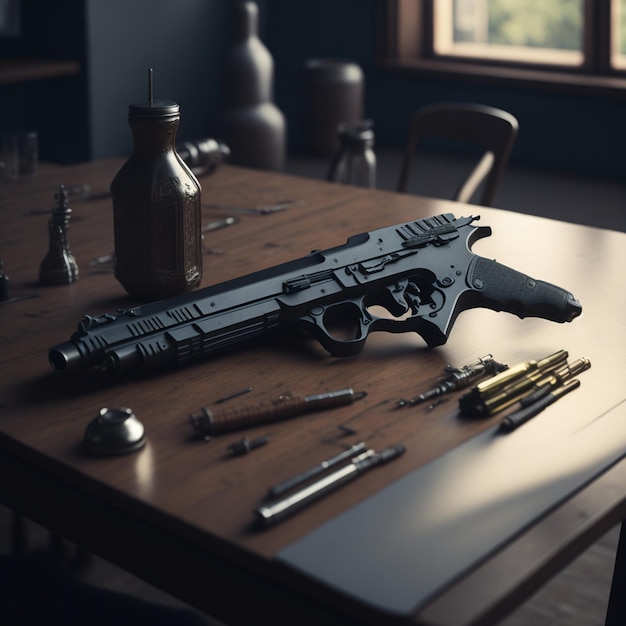 Un pistolet de science-fiction sur la table et des balles