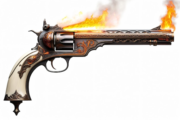 Photo pistolet vintage avec un feu sur un fond blanc illustration 3d