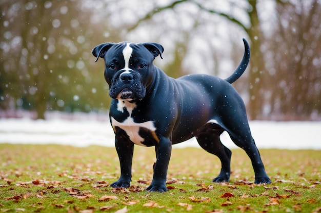 Un pit-bull noir se dresse dans la neige.