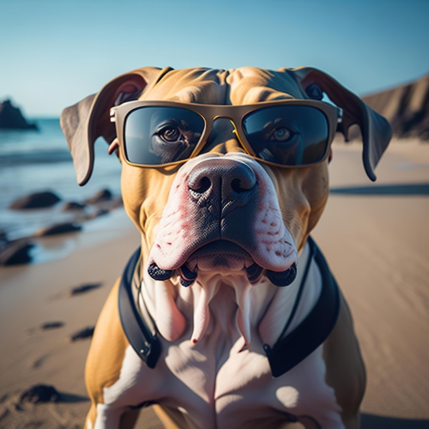 Pit-bull posant pour une photo avec des lunettes de soleil lors d'une journée ensoleillée dans la ville