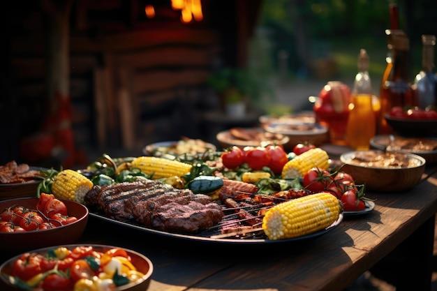 Un pittoresque barbecue en plein air avec une variété de viandes grillées, de légumes et de maïs sur la couve Genera