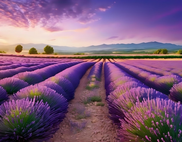 Un pittoresque champ de lavande en pleine floraison avec des rangées de fleurs violettes qui s'étendent jusqu'à l'horizon.