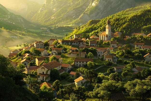 Un pittoresque village rural niché dans une vallée