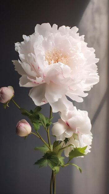 Pivoine blanche dans un vase jouant avec la lumière et l'ombre générée par l'IA