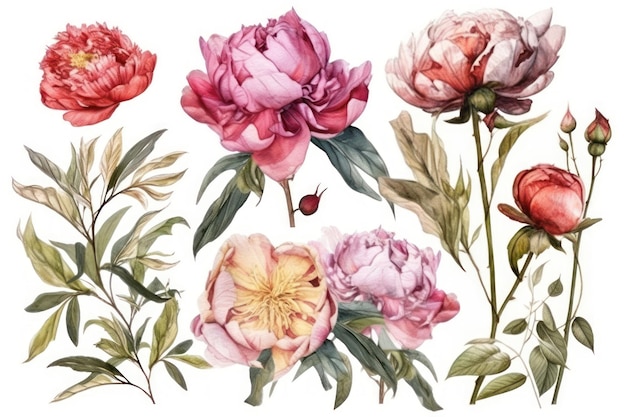 Pivoines aquarelles sur fond blanc