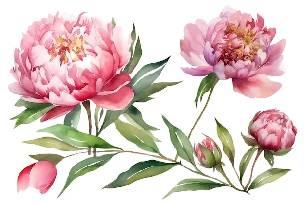 Pivoines sur fond blanc isolé Ensemble d'illustration florale aquarelle AI