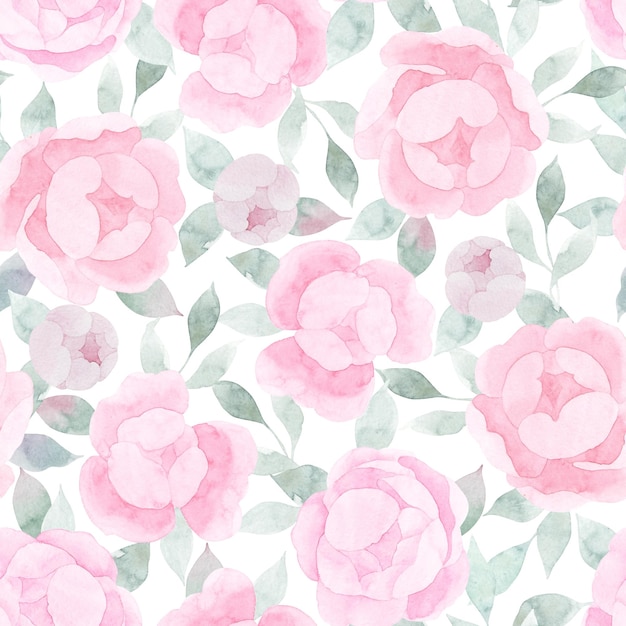 Les pivoines de réalisme rose aquarelle fleurissent avec des feuilles de menthe modèle sans couture Illustration florale dessinée à la main botanique Fond textile Pour le linge de maison papier d'emballage papier peint carte invitation