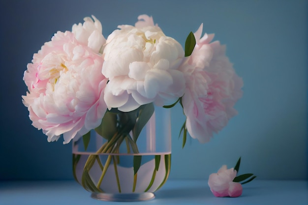 Pivoines roses blanches dans un vase en verre ai générative