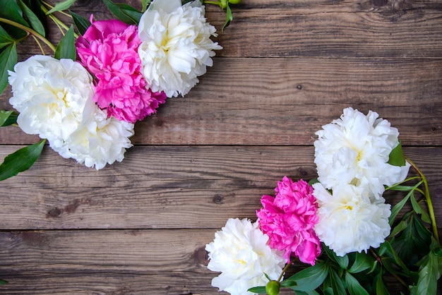 Pivoines roses et blanches sur fond de bois