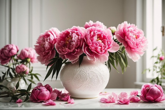 Pivoines roses dans un vase blanc en céramique dans un intérieur blanc