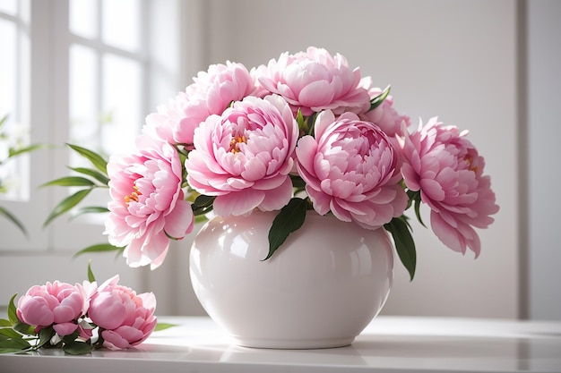 Pivoines roses dans un vase blanc en céramique dans un intérieur blanc