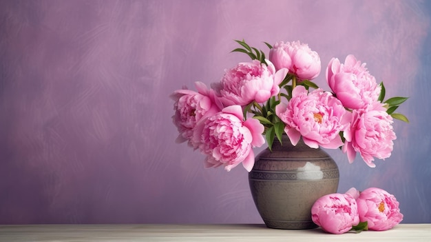 Pivoines roses dans un vase sur une table en bois