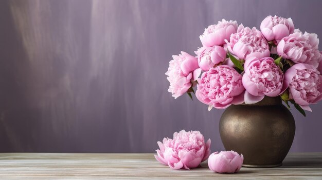 Pivoines roses dans un vase sur une table en bois