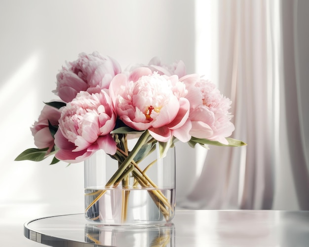 Pivoines roses dans un vase en verre moderne sur une table en verre vide en face de la fenêtre