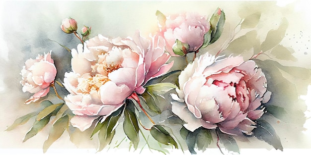 Pivoines roses douces à l'aquarelle pour décor d'art mural