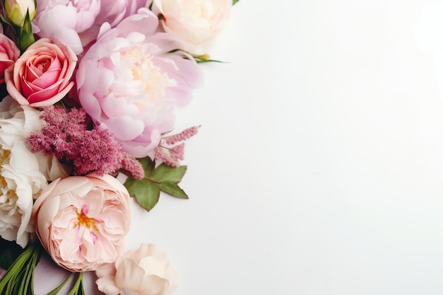 Pivoines roses sur fond blanc avec place pour texte