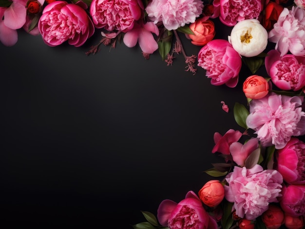 Pivoines roses sur fond sombre avec espace de copie mise au point sélective sur les fleurs