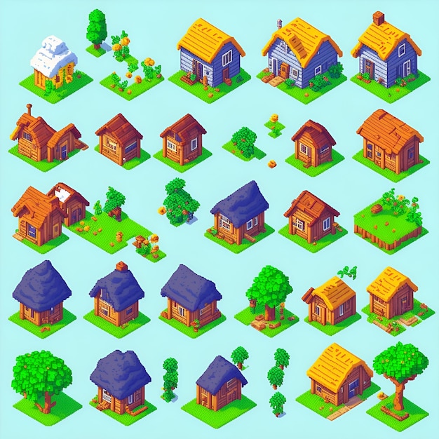 Pixel 64 bits avec un arbre de chalet de village et un autre, j'espère que vous l'apprécierez