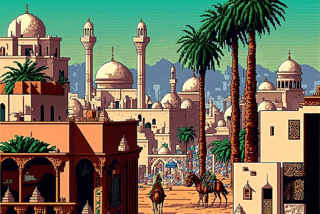 Pixel art ancienne ville arabe dans le désert avec des bâtiments et des palmiers sur fond 8 bits jeu AI