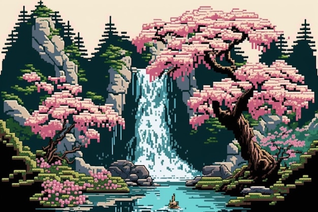 Pixel art d'une cascade avec un bateau dans l'eau.