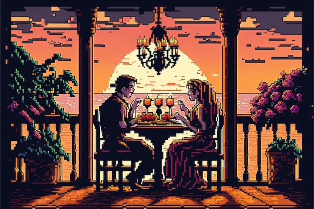 Pixel art d'un couple d'amoureux ayant un dîner romantique Fond de la Saint-Valentin pour le jeu 8 bits AI