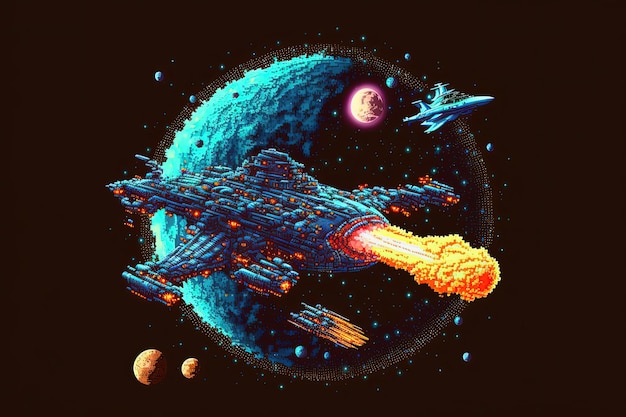Pixel art du vaisseau spatial survolant le fond des planètes dans un style rétro pour le jeu 8 bits AI