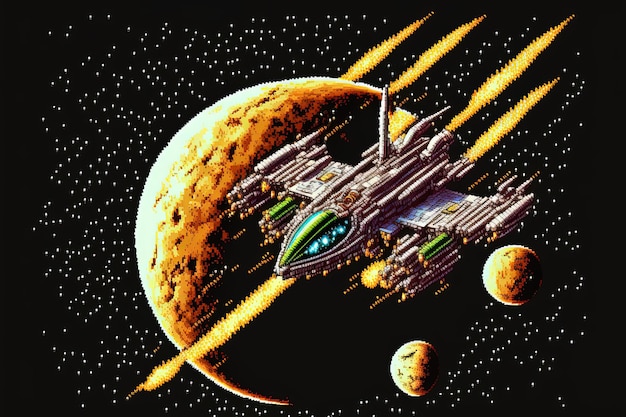 Pixel art du vaisseau spatial survolant le fond des planètes dans un style rétro pour le jeu 8 bits Generative AI