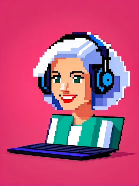 Photo pixel art d'une femme portant des écouteurs et utilisant un ordinateur portable