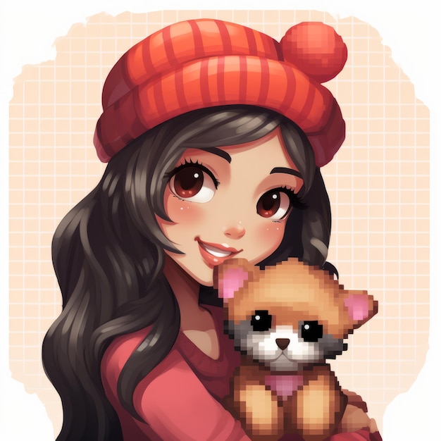 pixel art d'une fille tenant un ours en peluche