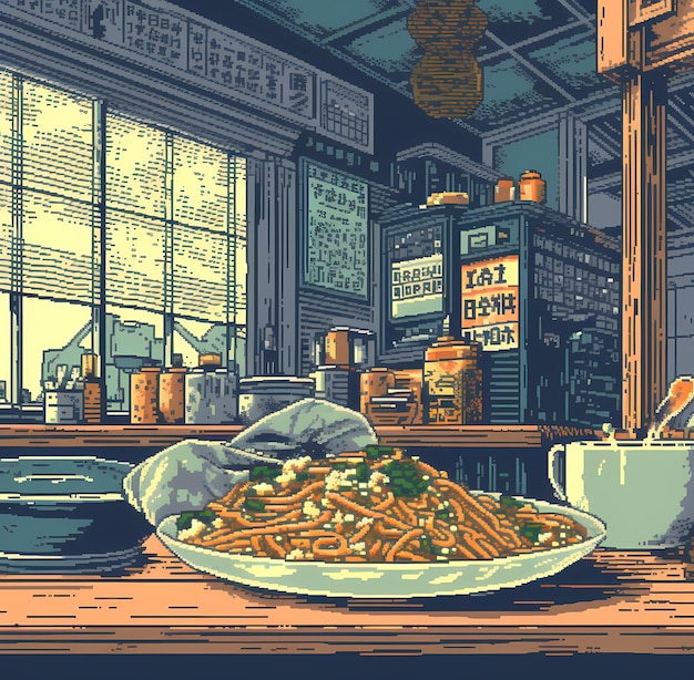 Pixel Art de l'intérieur d'une boutique de nouilles japonaises confortable