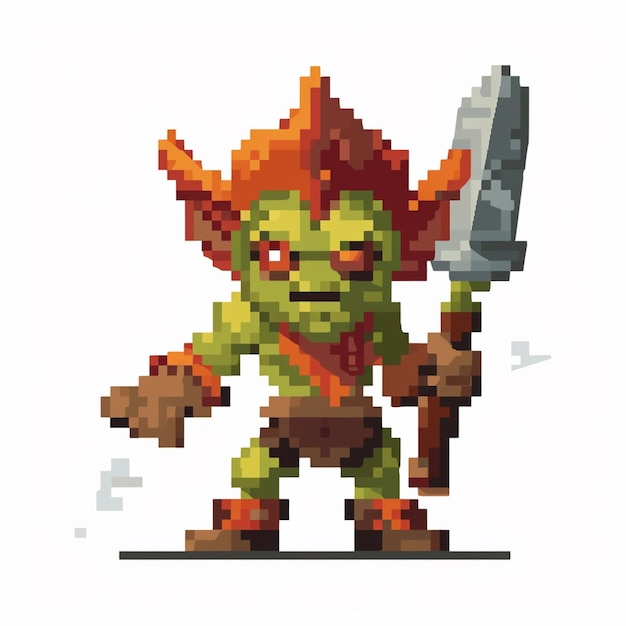 Un pixel art d'un lutin vert avec une épée.