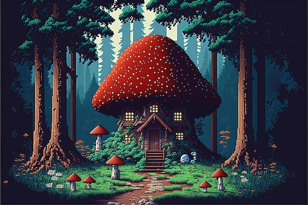 Pixel art maison de champignons dans le monde fantastique forêt enchantée champignons géants arrière-plan pour 8 bits d'IA