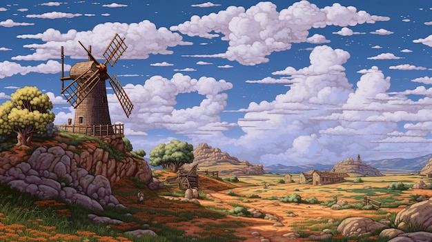 Pixel Art d'un moulin à vent majestueux sur un plateau