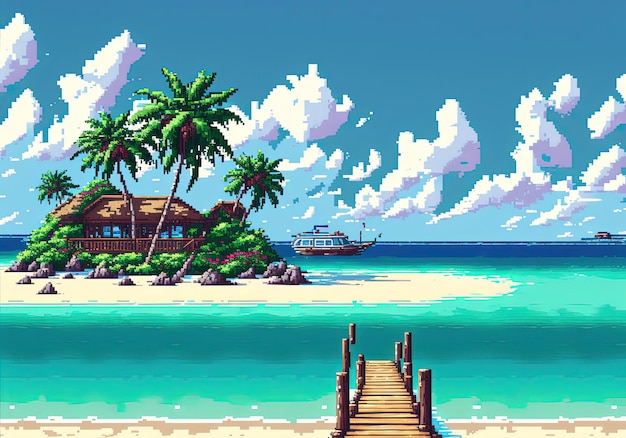 Photo pixel art paradis île station balnéaire bungalow paysage dans le style rétro pour 8 bits jeu ai