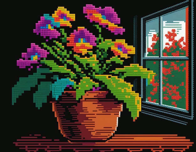 Photo un pixel art d'un pot de fleurs avec une fenêtre et un pot de fleurs avec une fleur rouge en arrière-plan.