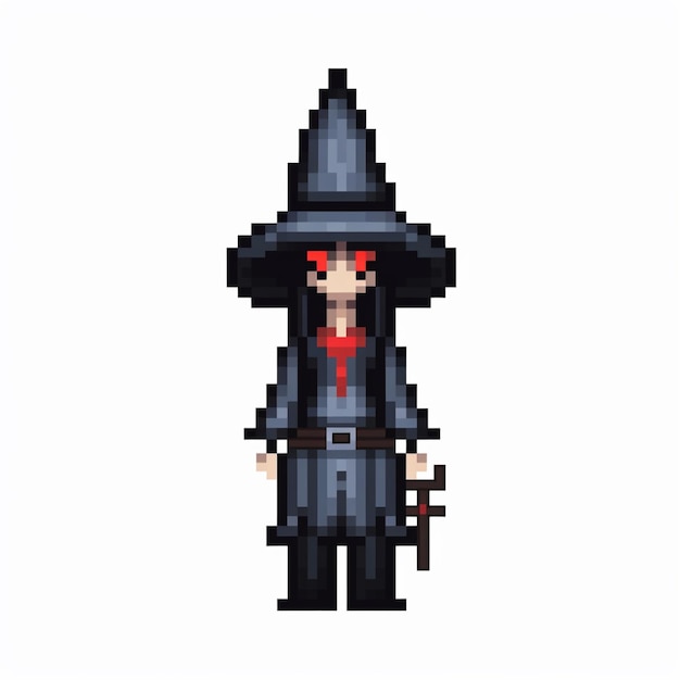 pixel art d'un sorcier avec un chapeau et une épée