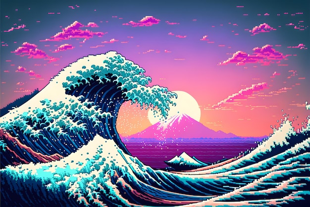 Pixel art d'une vague et d'un volcan