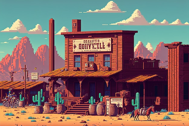 Pixel art ville de l'ouest sauvage bâtiment fond de la ville de l'ouest sauvage dans un style rétro pour le jeu 8 bits AI