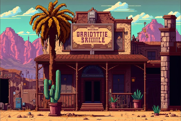 Pixel art ville de l'ouest sauvage bâtiment fond de la ville de l'ouest sauvage dans un style rétro pour le jeu 8 bits AI