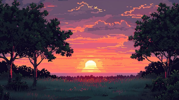 Pixel coucher de soleil Style soleil à l'aube l'horizon du soir nuit forêt crépuscule beauté romance nuages paysage du ciel généré par AI